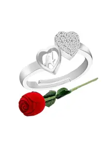 MEENAZ Silver-Plated Cubic Zirconia Studded Adjustable Finger Ring With Rose Box