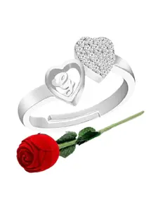 MEENAZ Silver-Plated CZ Studded Adjustable Finger Ring With Rose Box