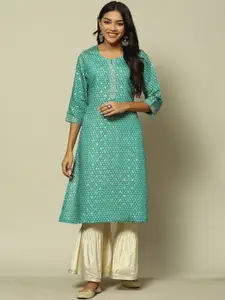 Rangriti Geometric Printed Round Neck Sequined Straight Kurta