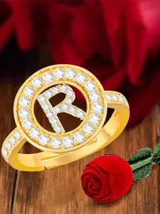 MEENAZ Gold-Plated Cubic Zirconia Studded R Alphabet Adjustable Finger Ring