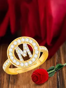 MEENAZ Gold-Plated Cubic Zirconia Studded M Alphabet Adjustable Ring
