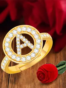 MEENAZ Gold-Plated Cubic Zirconia Studded A Alphabet Adjustable Finger Ring
