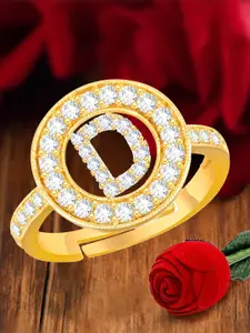 MEENAZ Gold-Plated Cubic Zirconia Studded D Alphabet Adjustable Finger Ring