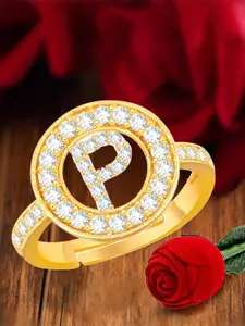 MEENAZ Gold-Plated Cubic Zirconia Studded P Alphabet Adjustable Finger Ring