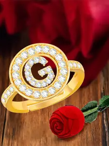 MEENAZ Gold-Plated Cubic Zirconia Studded G Alphabet Adjustable Ring