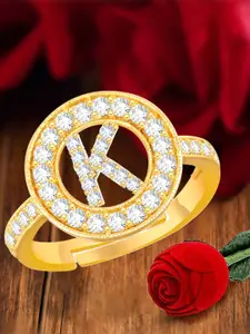 MEENAZ Gold-Plated Cubic Zirconia Studded K Alphabet Adjustable Finger Ring