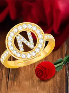MEENAZ Gold-Plated CZ-Studded N Alphabet Adjustable Ring