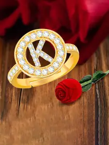 MEENAZ Gold-Plated CZ-Studded K Alphabet Adjustable Ring