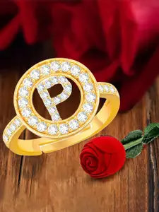 MEENAZ Gold-Plated CZ Studded P Alphabet Adjustable Finger Ring