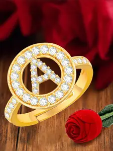 MEENAZ Gold-Plated CZ-Studded A Alphabet Adjustable Ring
