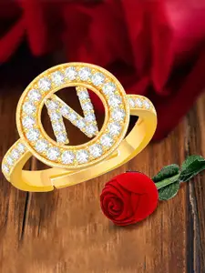 MEENAZ Gold-Plated CZ-Studded N Alphabet Adjustable Ring