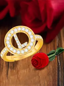 MEENAZ Gold-Plated CZ-Studded L Alphabet Adjustable Ring
