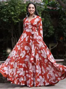 KALINI Floral Printed Flared Maxi Wrap Ethnic Dress