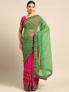 Mitera Bandhani Kutchi Embroidery Pure Georgette Half and Half Bandhani Saree