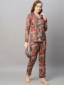 DRAPE IN VOGUE Floral Printed Satin Night suit