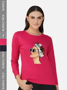 CHOZI Pack Of 2 Printed Round Neck Cotton T-shirt