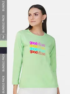 CHOZI Pack Of 2 Typographic Printed Long Sleeves Cotton T-shirt