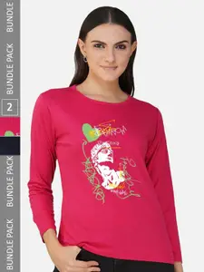 CHOZI Pack Of 2 Graphic Printed Round Neck Cotton T-shirt