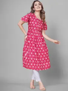 PRASTHAN Abstract Printed Square Neck Flared Sleeves A-Line Midi Dress