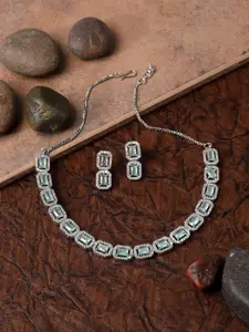 ZENEME Rhodium-plated American Diamond studded Necklace With Earrings