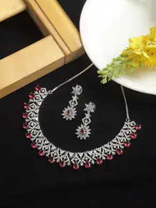 ZENEME Rhodium-plated American Diamond studded Necklace With Earrings