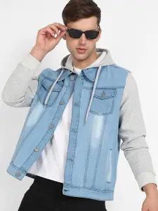 Campus Sutra Blue & Grey Washed Colourblocked Windcheater Hooded Cotton Denim Jacket