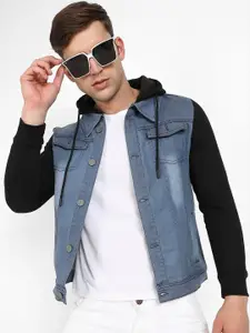 Campus Sutra Hooded Windcheater Outdoor Denim Jacket with Patchwork