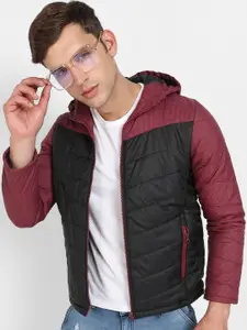 Campus Sutra Black Windcheater Colourblocked Hodded Padded Jacket