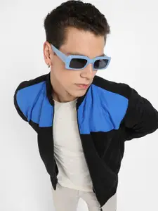 Campus Sutra Black & Blue Colourblocked Windcheater Outdoor Cotton Sporty Jacket