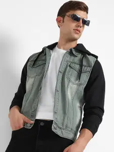 Campus Sutra Grey & Black Colourblocked Washed Windcheater Hooded Cotton Denim Jacket