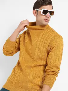 Campus Sutra Self Design Cable Knit Turtle Neck Woollen Pullover