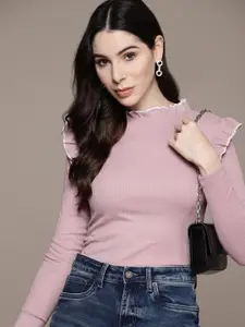 The Roadster Lifestyle Co. Full Sleeves Ruffles Detail Ribbed Top