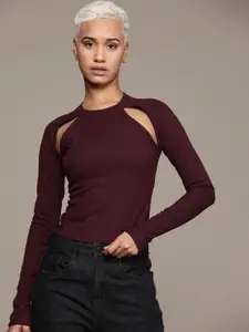 The Roadster Lifestyle Co. Cut Out Detailed Raglan Sleeves Knitted Ribbed Top