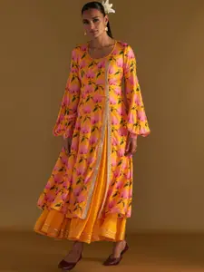 Masaba Floral Printed Puffed Sleeves Silk Fit & Flared Maxi Ethnic Dress