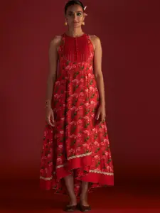 Masaba Floral Printed Round Neck Silk Fit and Flare Ethnic Dress