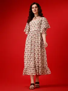Fashion2wear Floral Print Flared Sleeve Fit and Flare Pleated Midi Dress