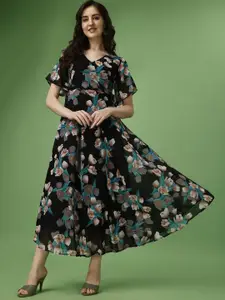 Fashion2wear Floral Printed V-Neck Flared Sleeve Georgette Fit & Flare Maxi Dress