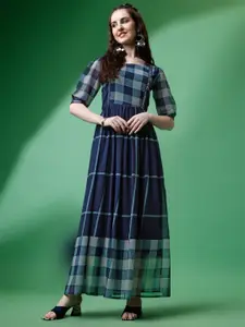 Fashion2wear Checked Puff Sleeve Fit& flare Maxi Dress