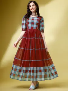 Fashion2wear Checked Round Neck Puff Sleeve Pleated Fit & flare Maxi Dress