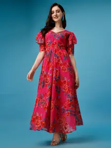 Fashion2wear Floral Printed V-Neck Flutter Sleeve Pleated Georgette Maxi Dress