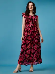 Fashion2wear Floral Print Round Neck Flutter Sleeves Fit&flare Pleated Maxi dress