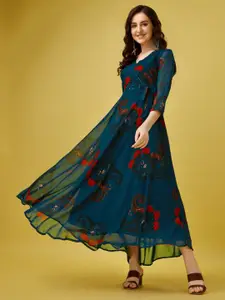 Fashion2wear Floral Print V-Neck Puff Sleeve Fit & flare Maxi Dress