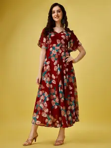Fashion2wear Maroon Floral Print Georgette A-Line Maxi Dress