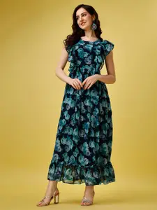 Fashion2wear Blue Floral Print Flutter Sleeve Georgette Maxi Dress