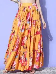 Varanga Floral Printed Tiered Flared Maxi Skirt