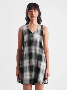 The Souled Store Black Checked V-Neck A-Line Pure Cotton Dress
