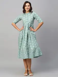 Sangria Ethnic Motifs Printed Mandarin Collar Cotton Shirt Style Ethnic Dress