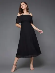 Miss Chase Black Cold Shoulder Fit & Flare Midi Dress