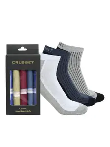 CRUSSET Men Pack Of 3 Assorted Patterned Ankle-Length Socks With 5 Handkerchiefs