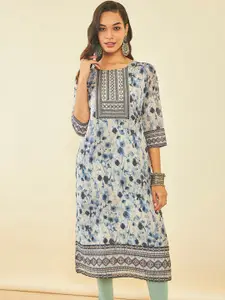 Soch Floral Printed Boat Neck Chanderi Silk Kurta